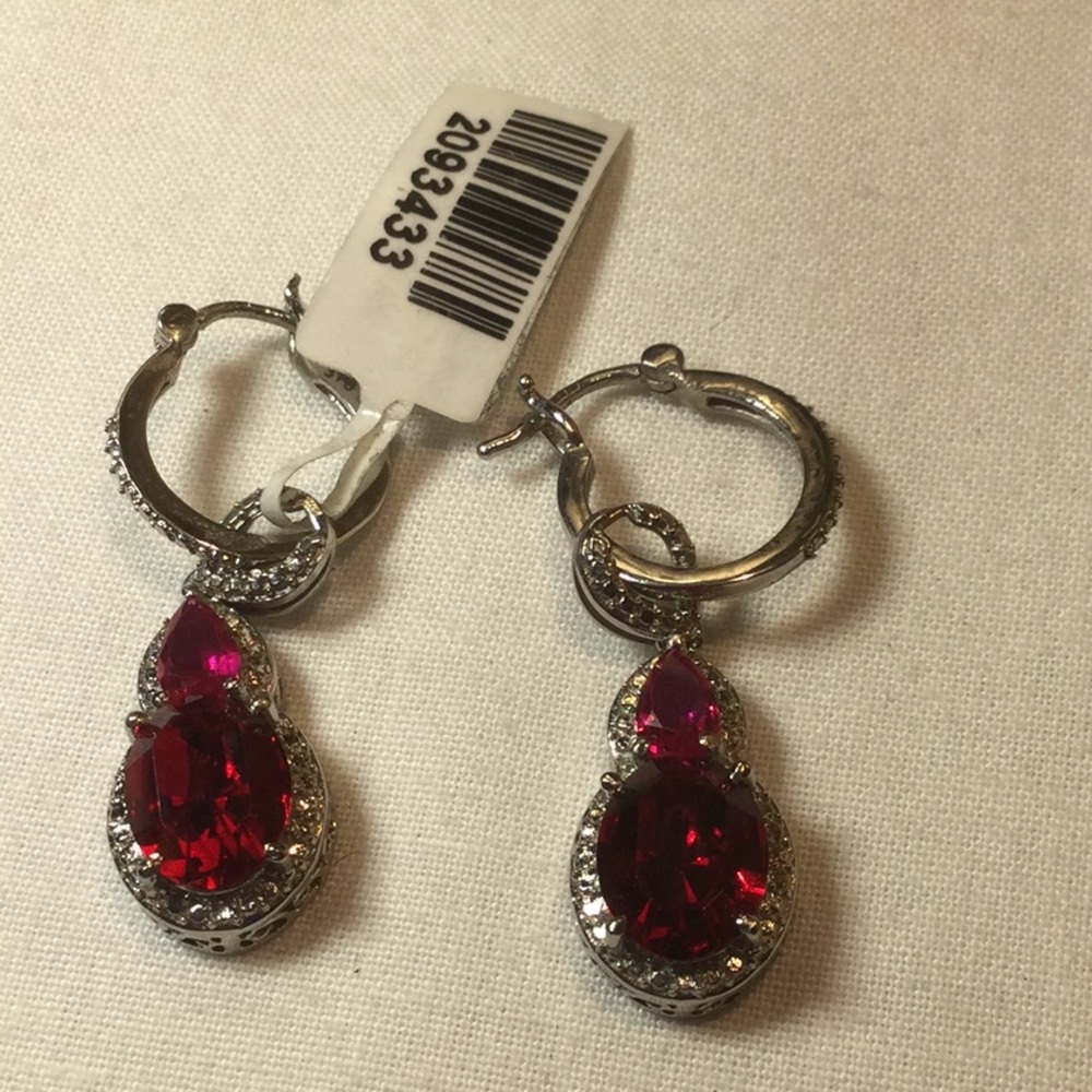 NWT Red Crystal dangle silver Hoop earrings